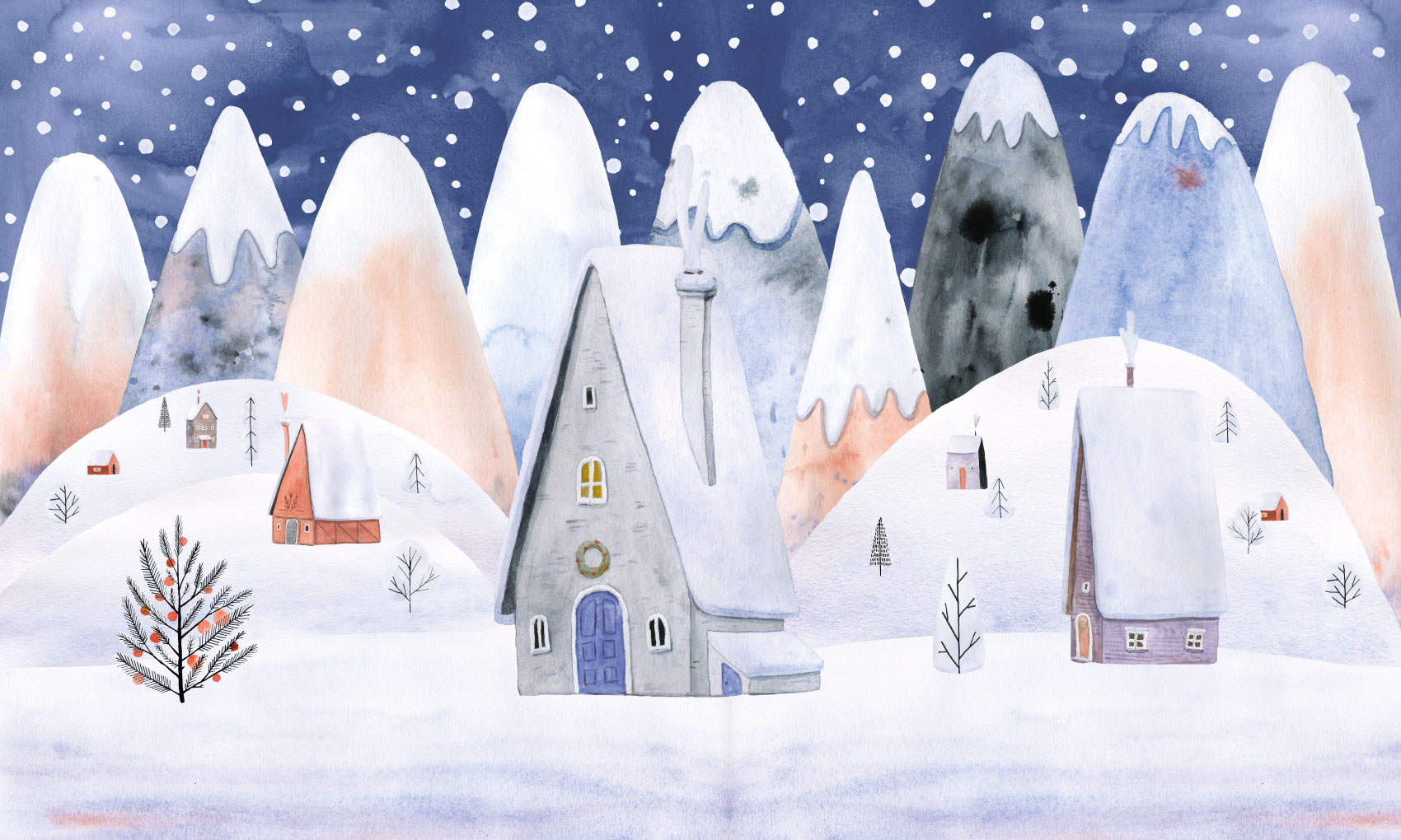 N513-Night Panoramic Snowy Village Wallpaper Child Pattern Night Wallpaper Snowy Village Panoramic Child