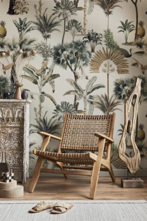 Living Room Wallpaper Botanical Tropical Panoramic Plant Birds Trees