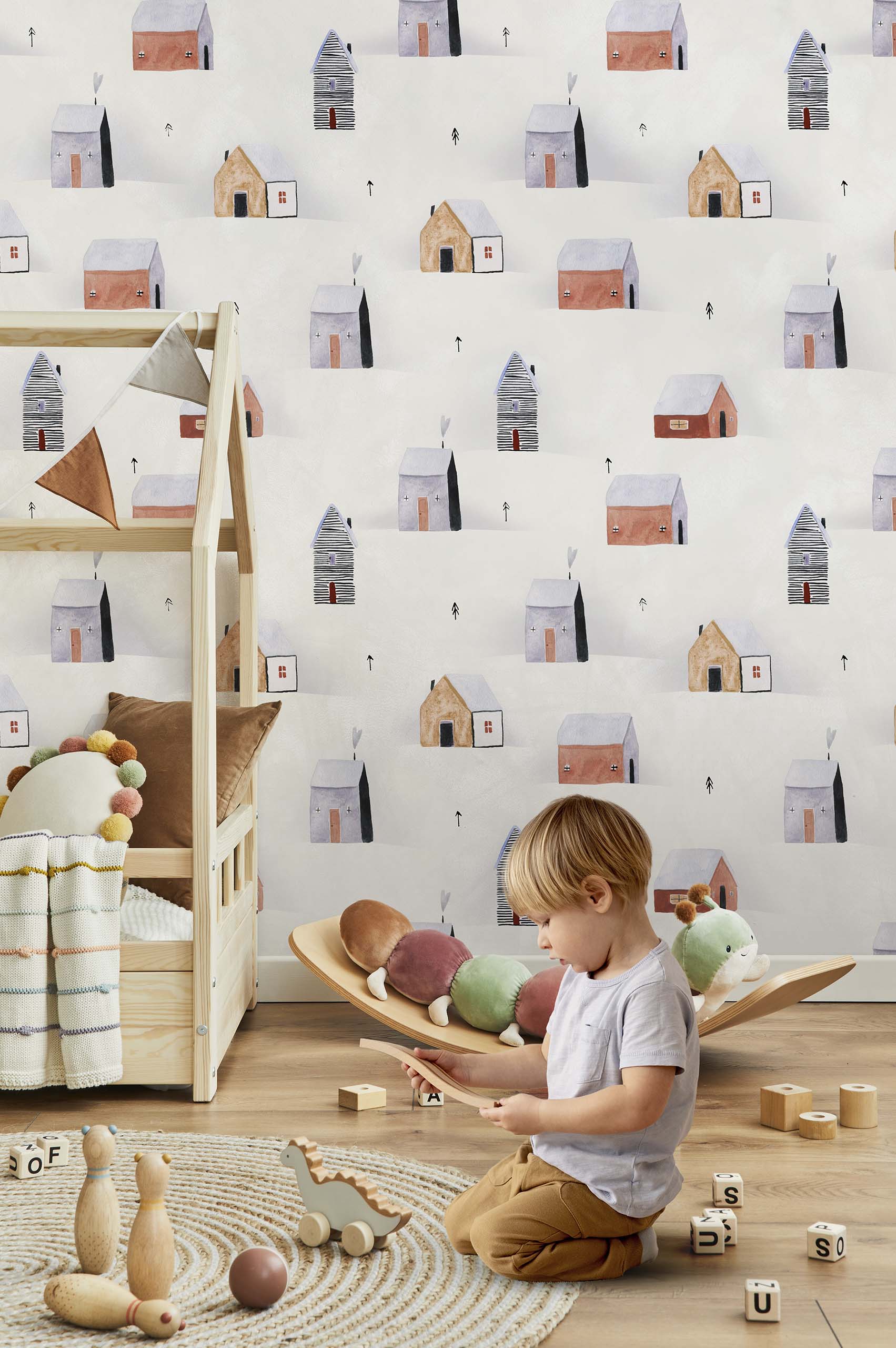 children's room wallpaper village in winter little house white fir tree