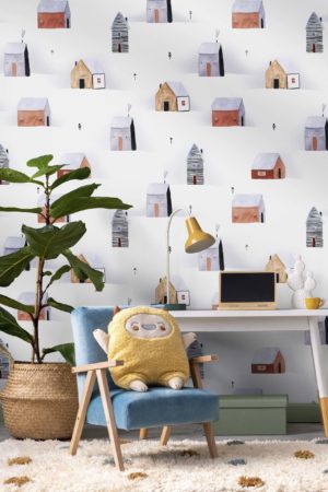 children's room wallpaper village in winter little house white fir tree