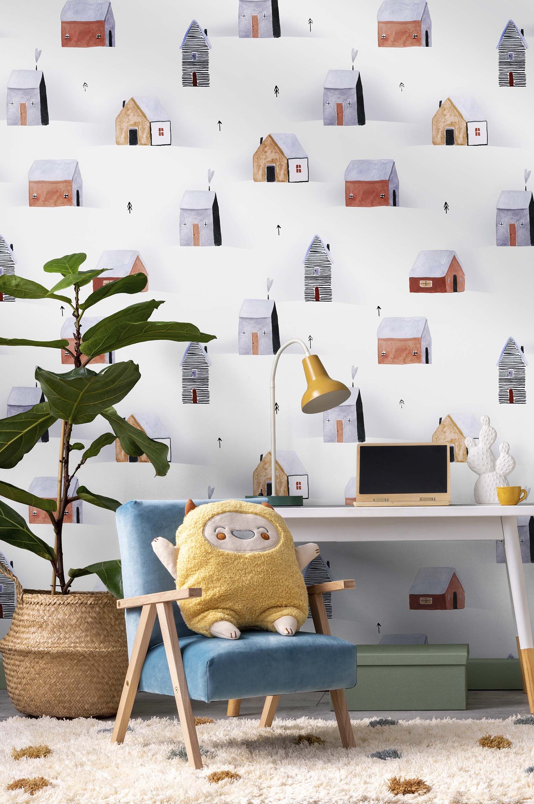 children's room wallpaper village in winter little house white fir tree