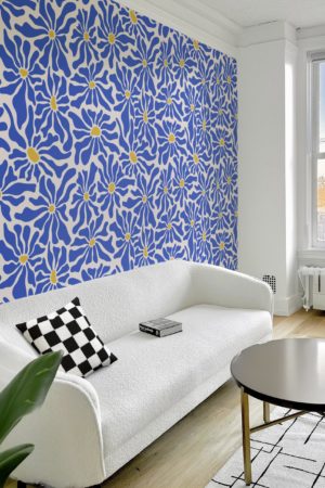 Living room blue hippie flowers wallpaper