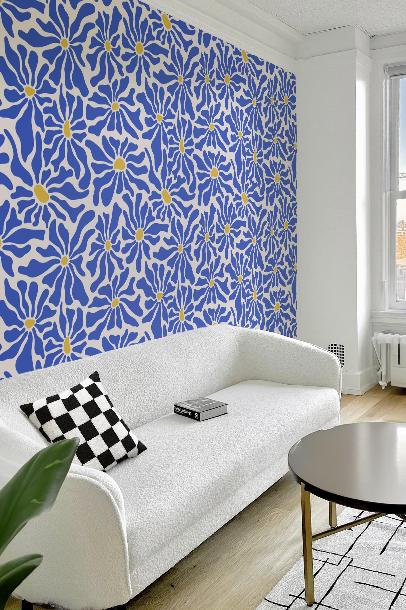 Living room blue hippie flowers wallpaper