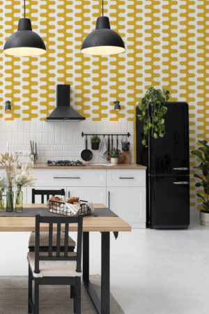 Yellow Kitchen Wallpaper Colorful Curves Pop Vintage Retro