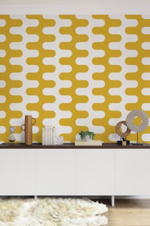 Yellow Living Room Wallpaper Colorful Curves Pop Vintage Retro