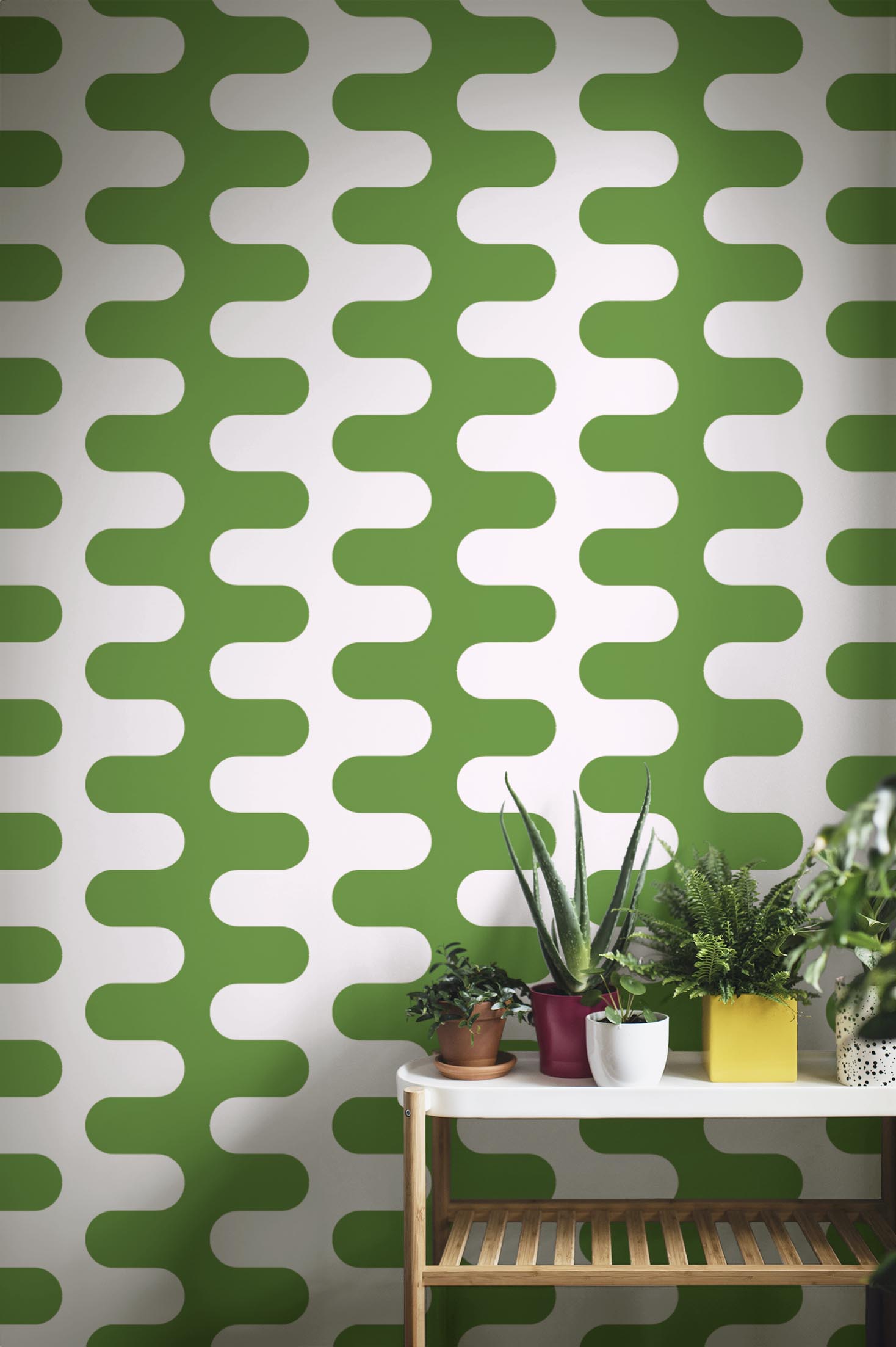 salon vert papier peint courbes colorées pop vintage retro