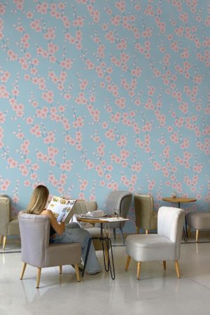 espace public bleu papier peint fleurs de cerisier floral