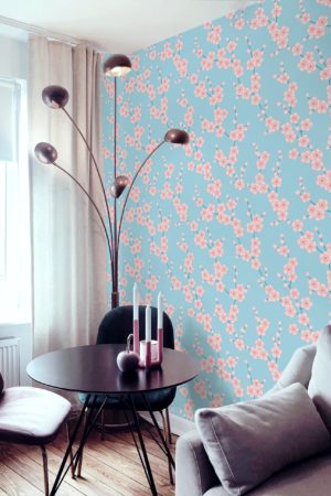 salon bleu papier peint fleurs de cerisier floral