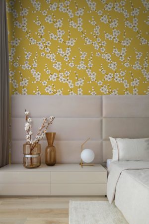 chambre jaune papier peint fleurs de cerisier floral
