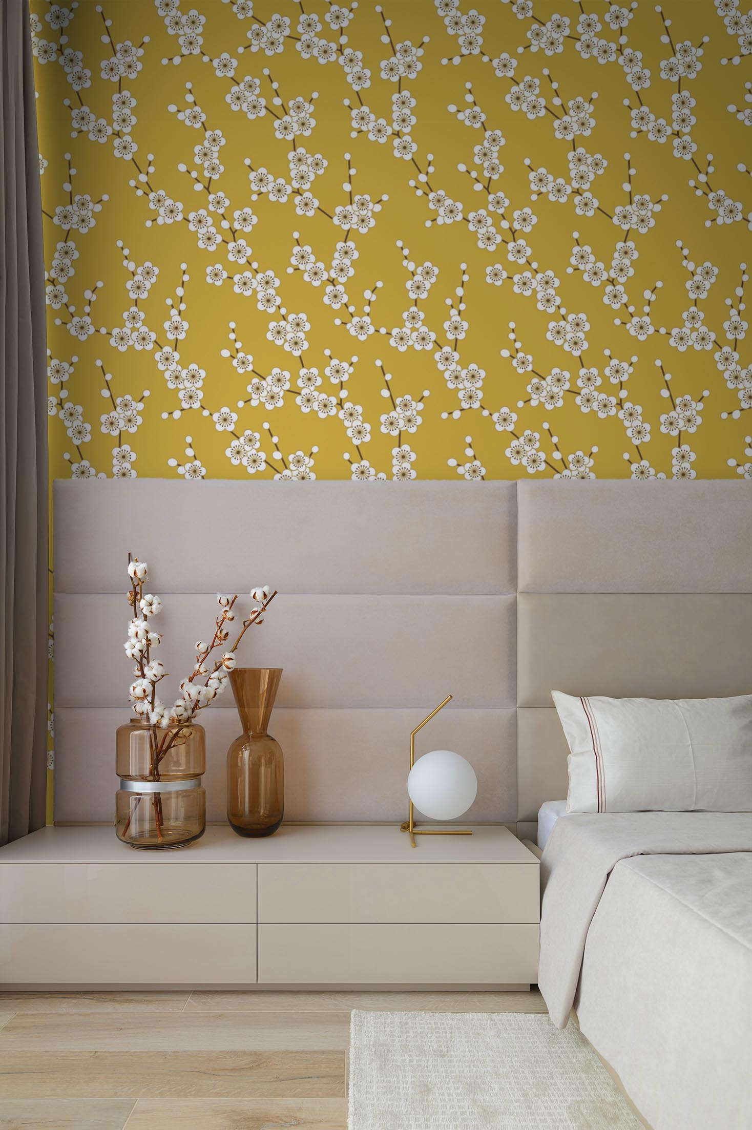 chambre jaune papier peint fleurs de cerisier floral