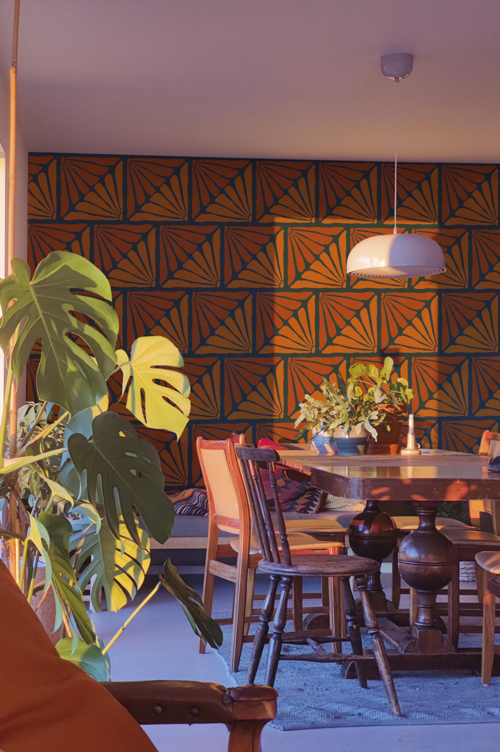 Living Room Orange Pop Contemporary Floral Sparkle Wallpaper