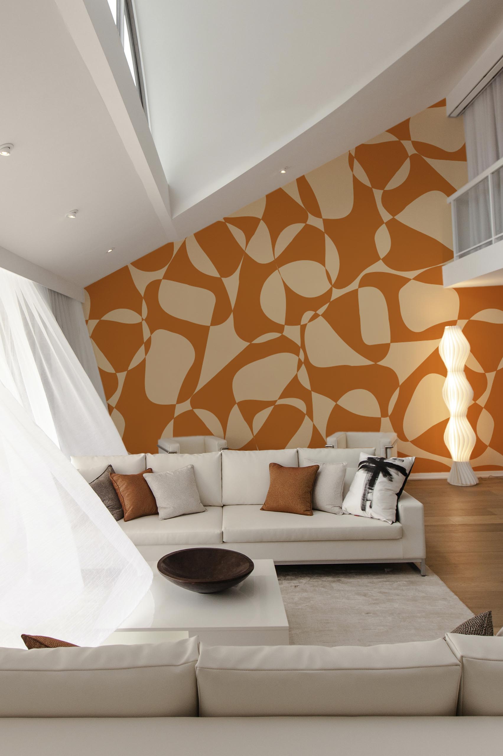 Living Room Orange Wallpaper Organic Shapes Two-Tone Geometric