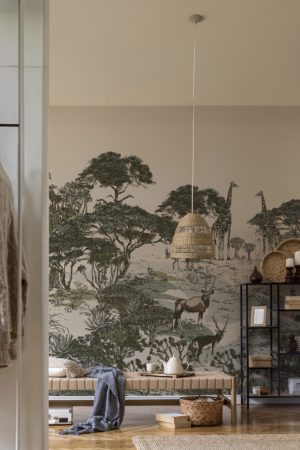 salon colorΓ© papier peint Γ©vasion savane panoramique animaux vΓ©gΓ©tation