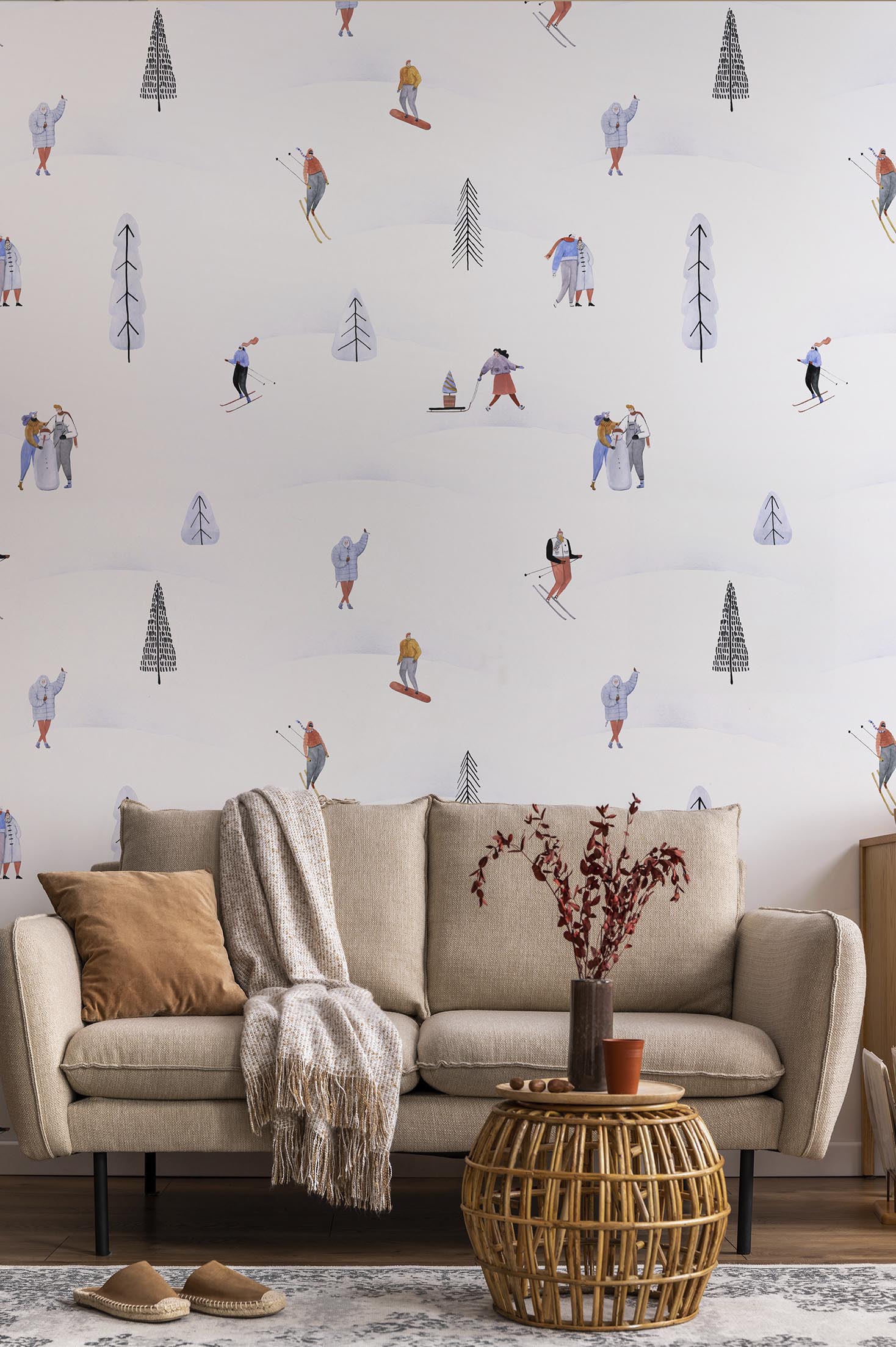 Living room wallpaper snowy ski kid