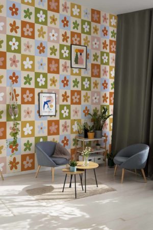Living room multicolor floral checkerboard wallpaper plant pop trend