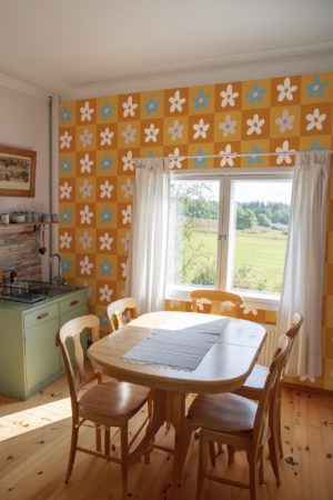 cuisine orange papier peint damier floral végétal pop tendance