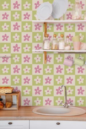 cuisine vert papier peint damier floral végétal pop tendance