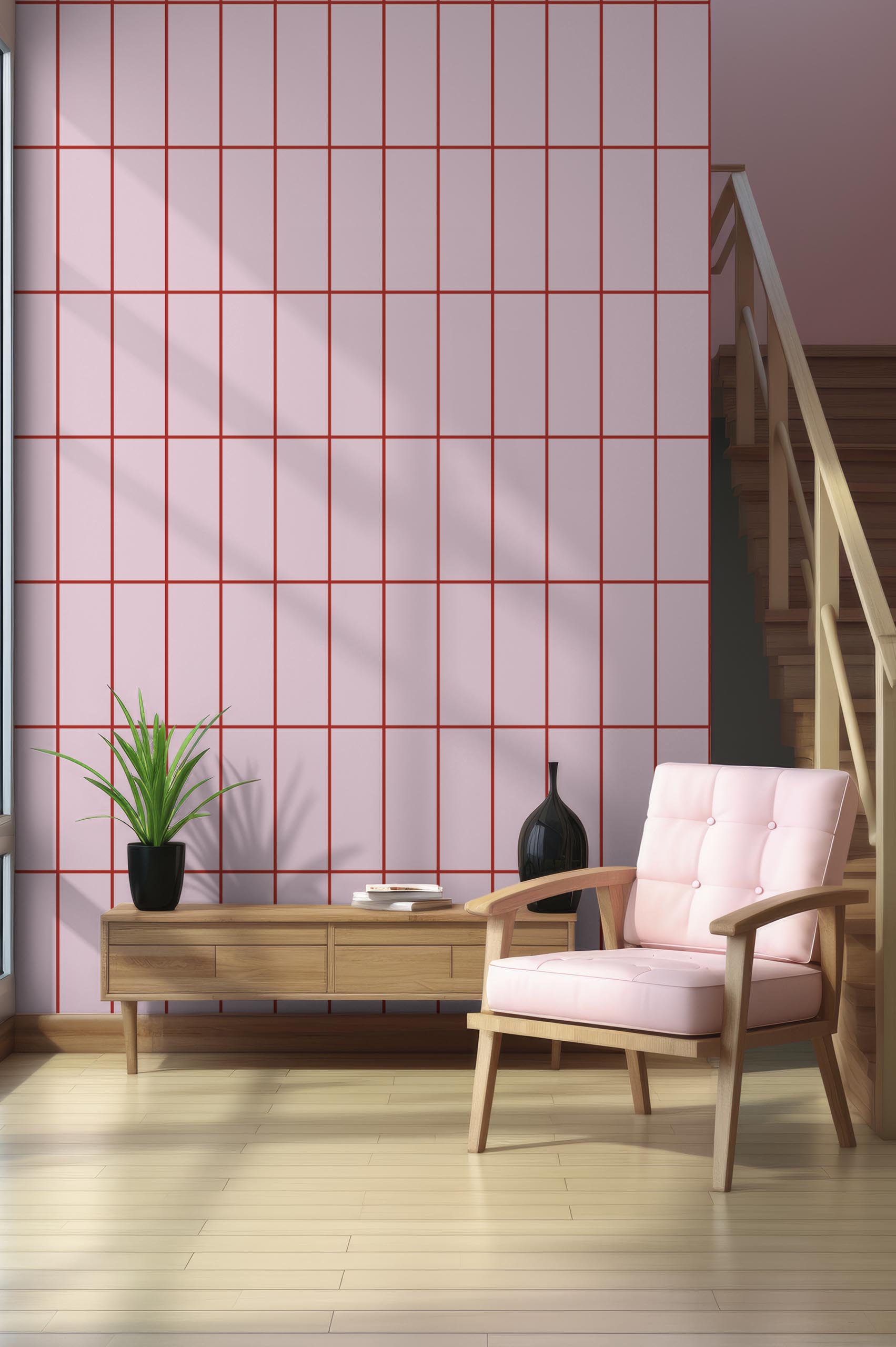 living room pink wallpaper elegant geometric tiles