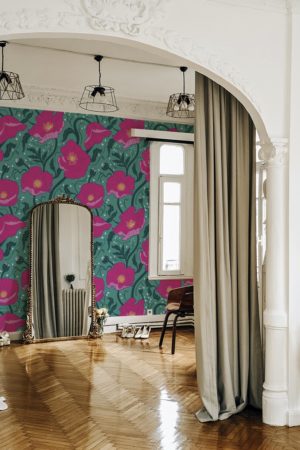 Papier peint fleurs rose salon