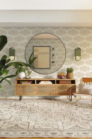 salon beige papier peint harmonie géométrique