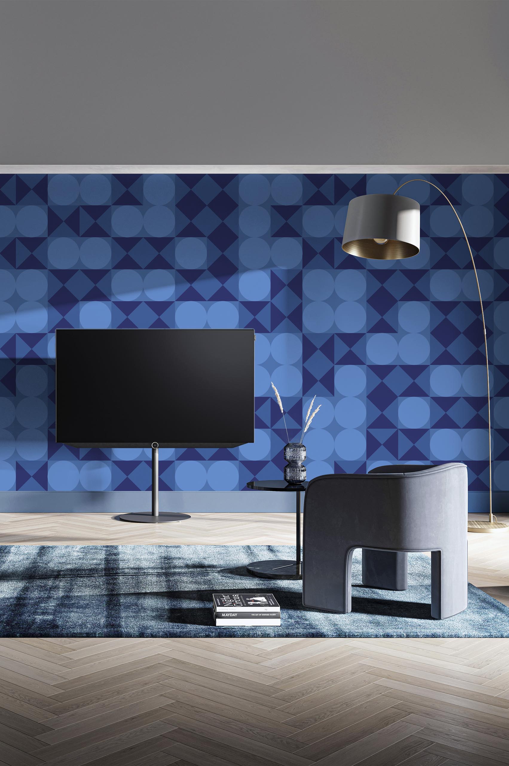 Living room blue wallpaper geometric combination diamond circle