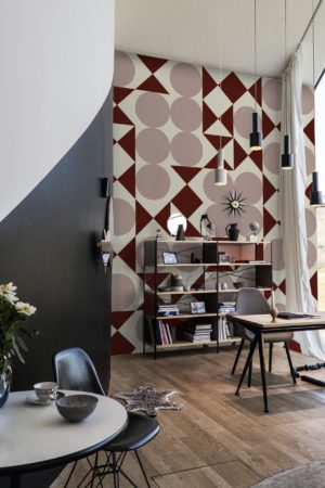 salon marron papier peint combinaison géométrique losange cercle