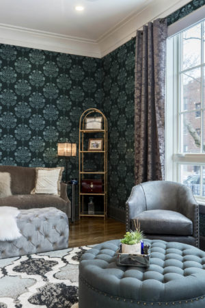 Living room green floral wallpaper