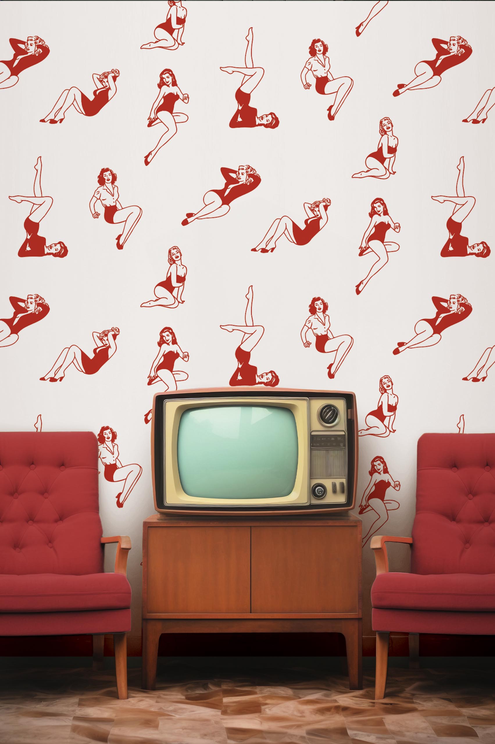 Papier peint femmes rouge salon