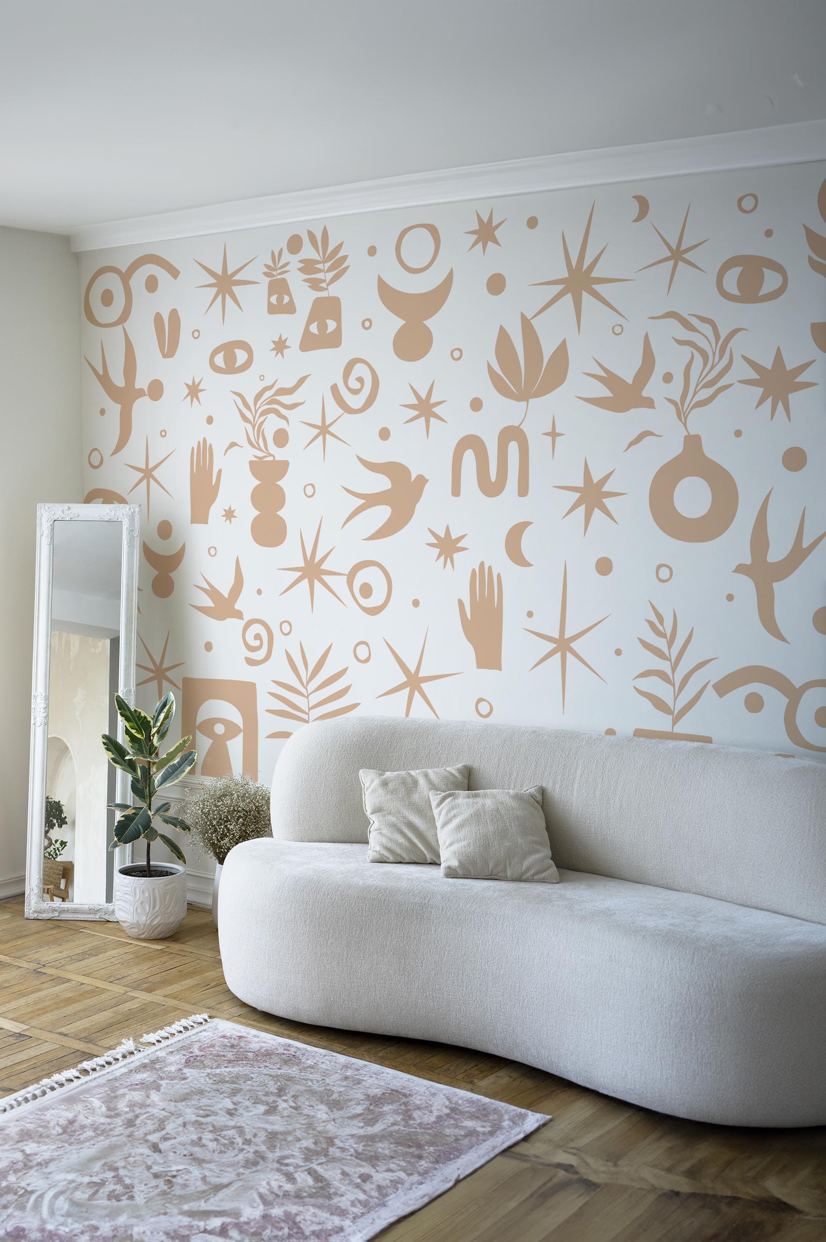 Living room peach fuzz shapes wallpaper