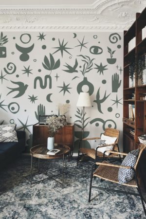 Papier peint formes vert salon