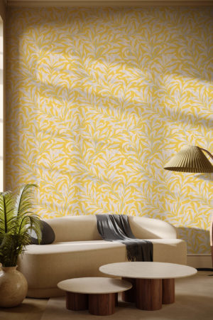 Papier peint feuilles jaune salon