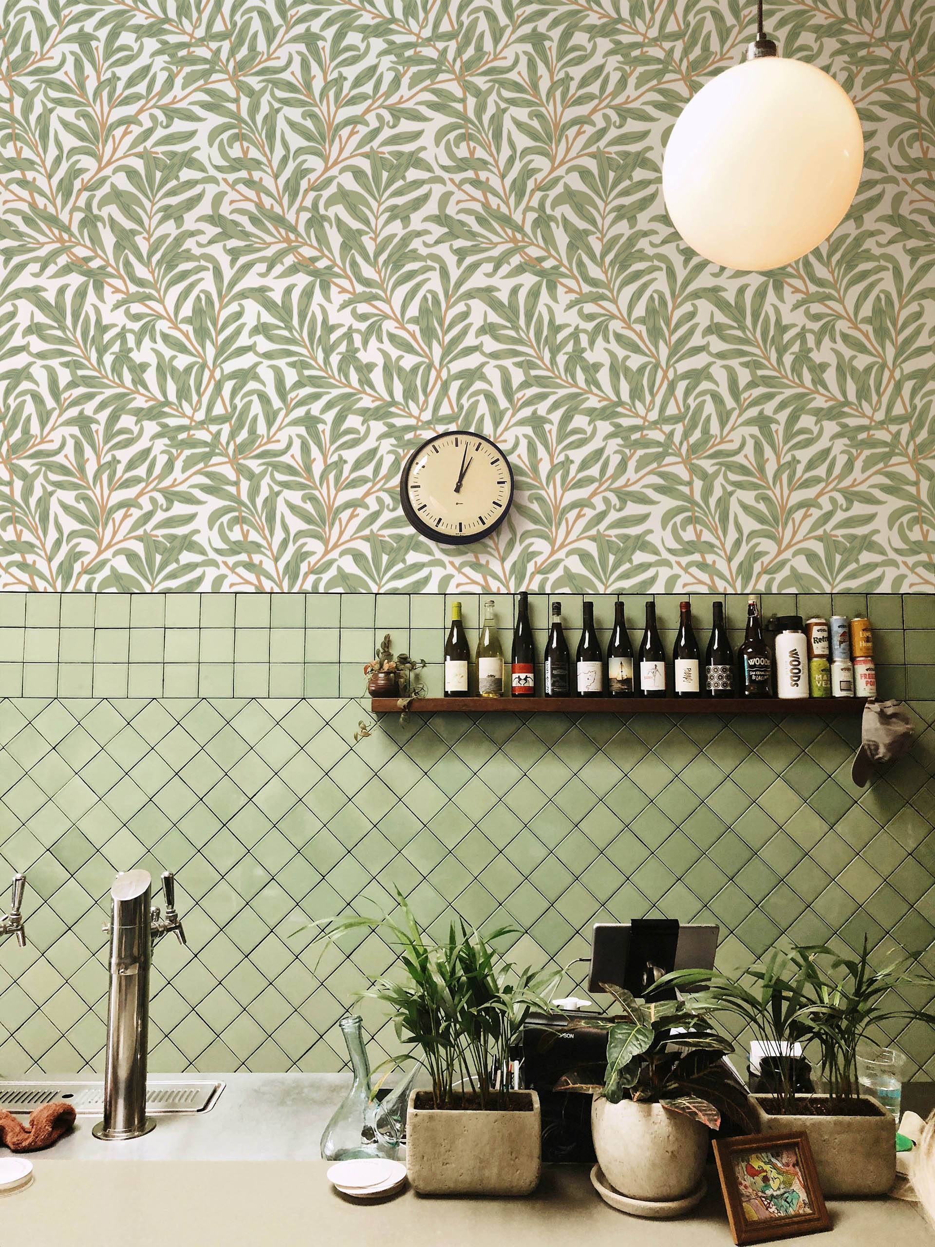 Kitchen green leaf wallpaper