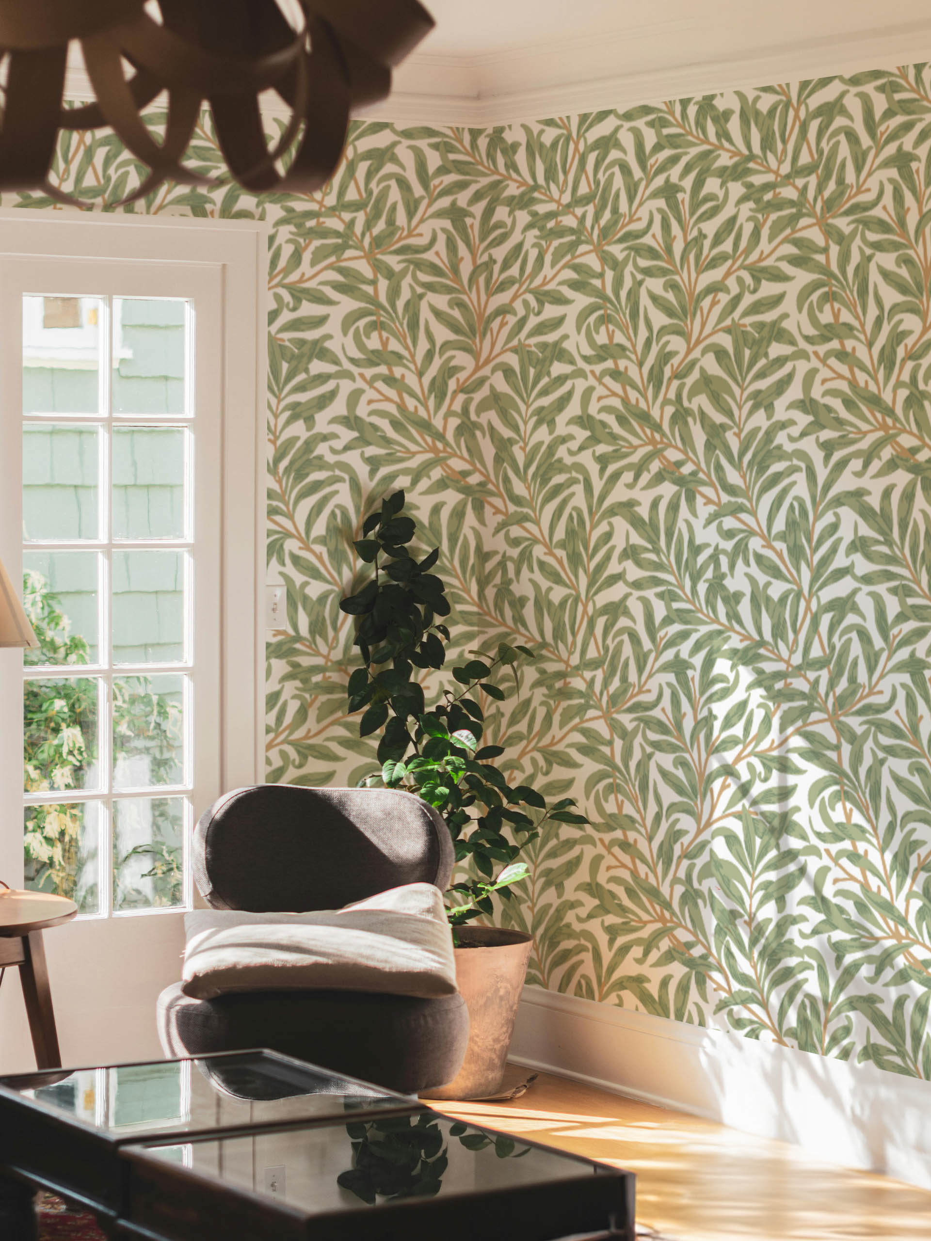 Living room green leaf wallpaper