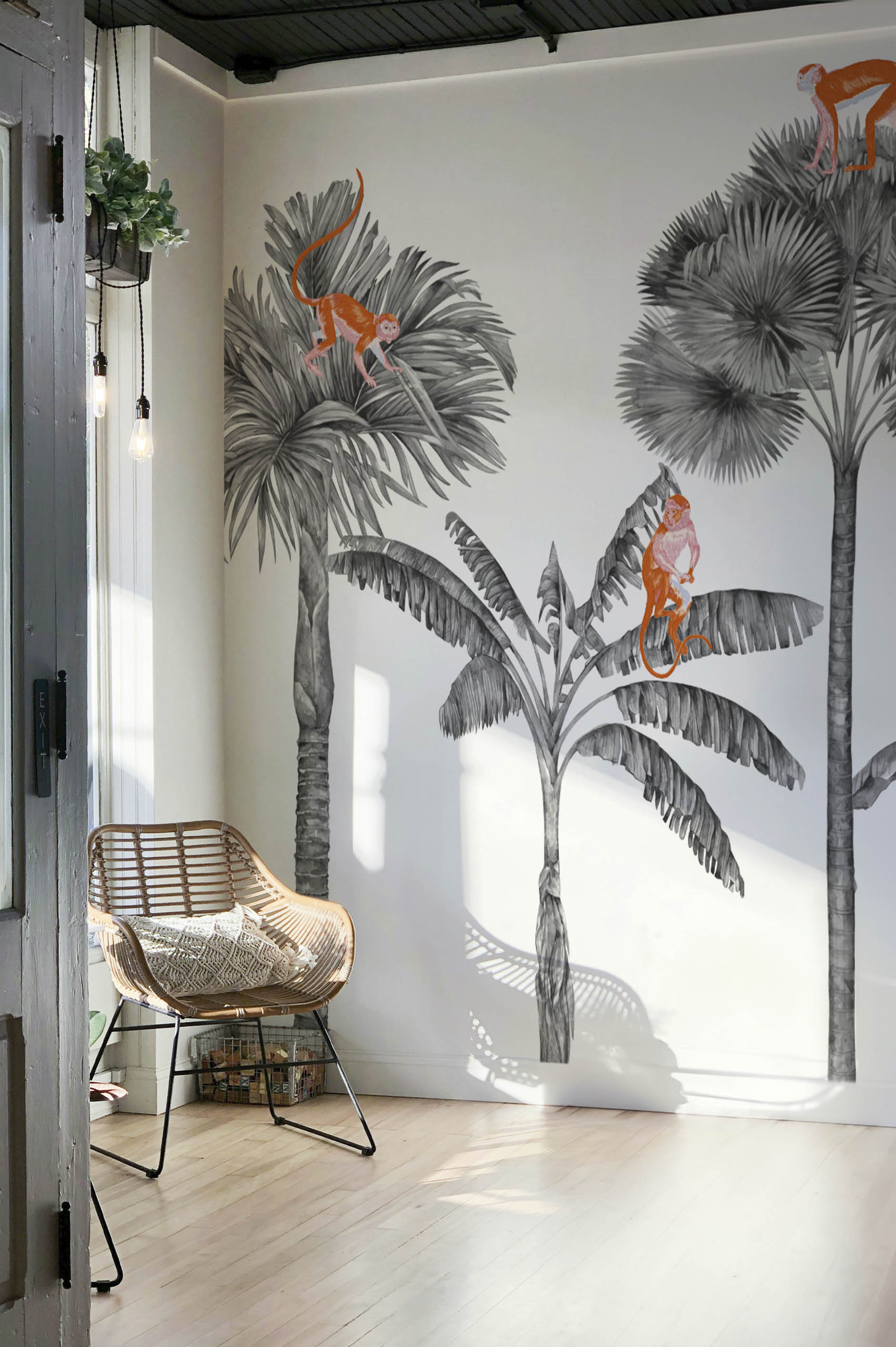 n548 salon white White monkey palm wallpaper living room