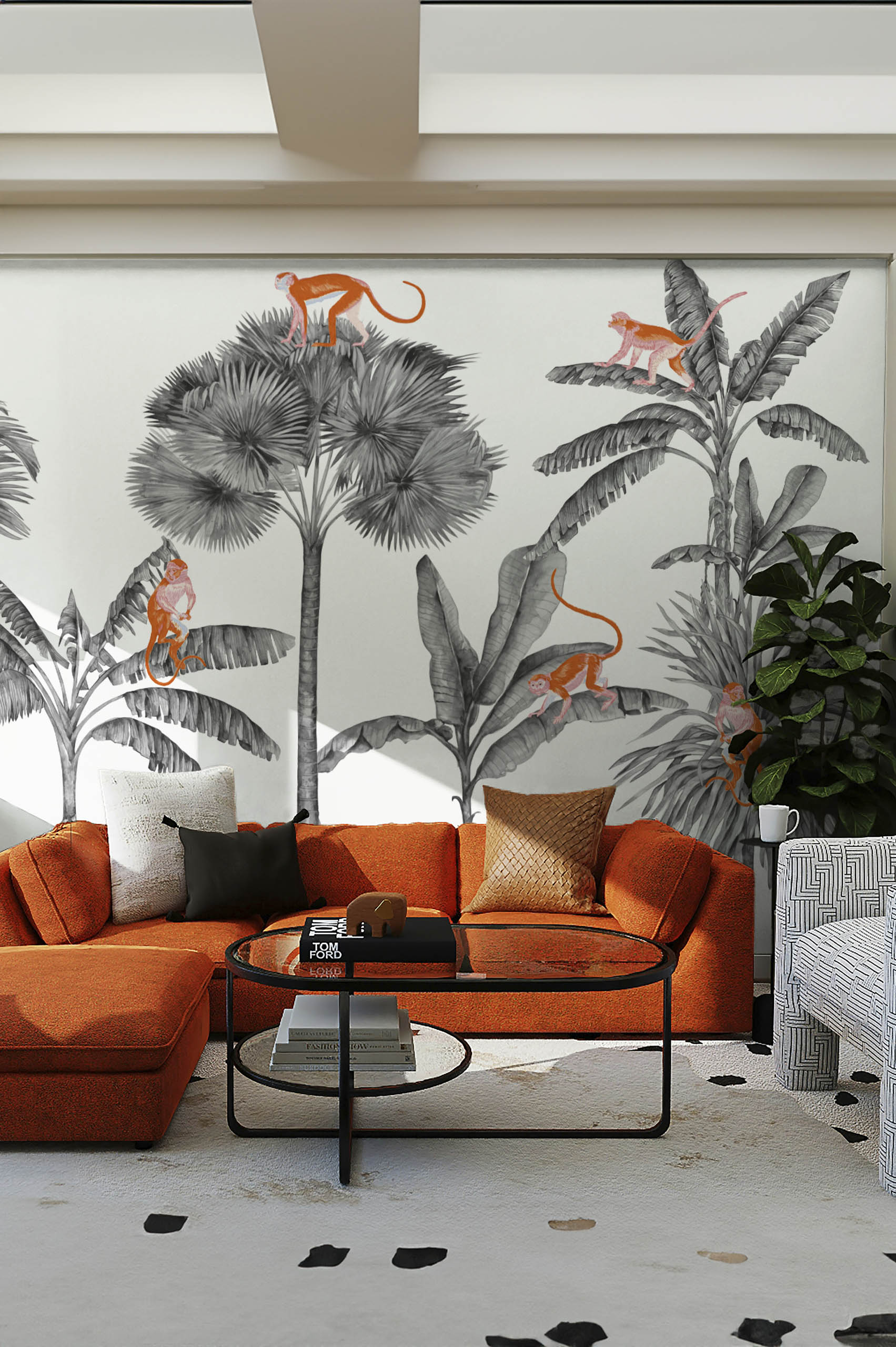 n548 blanc salonn White monkey palm wallpaper living room