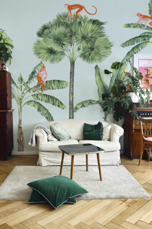 Papier peint palmier singe bleu salon