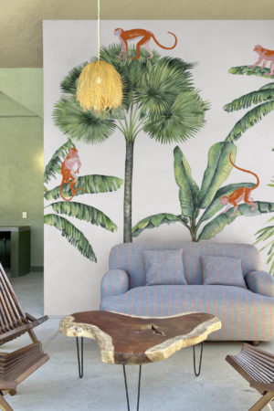 Papier peint palmier singe vert salon