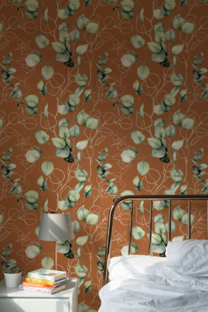 Papier peint feuillage terracotta chambre