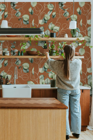 Papier peint feuillage terracotta cuisine