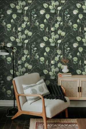 Papier peint feuillage vert salon