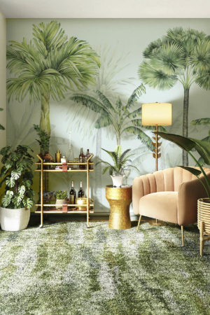 Papier peint jungle bleu salon