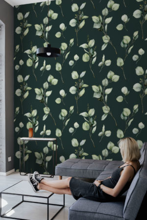 Eucalyptus green living room wallpaper