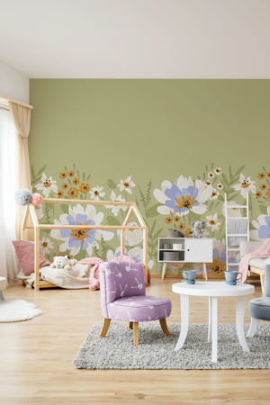 Papier peint jardin fleuri vert chambre enfant