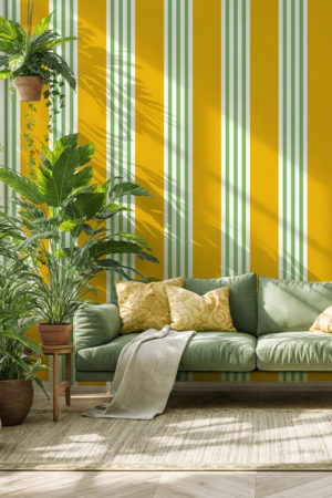 Papier peint rayure jaune vert salle de bain