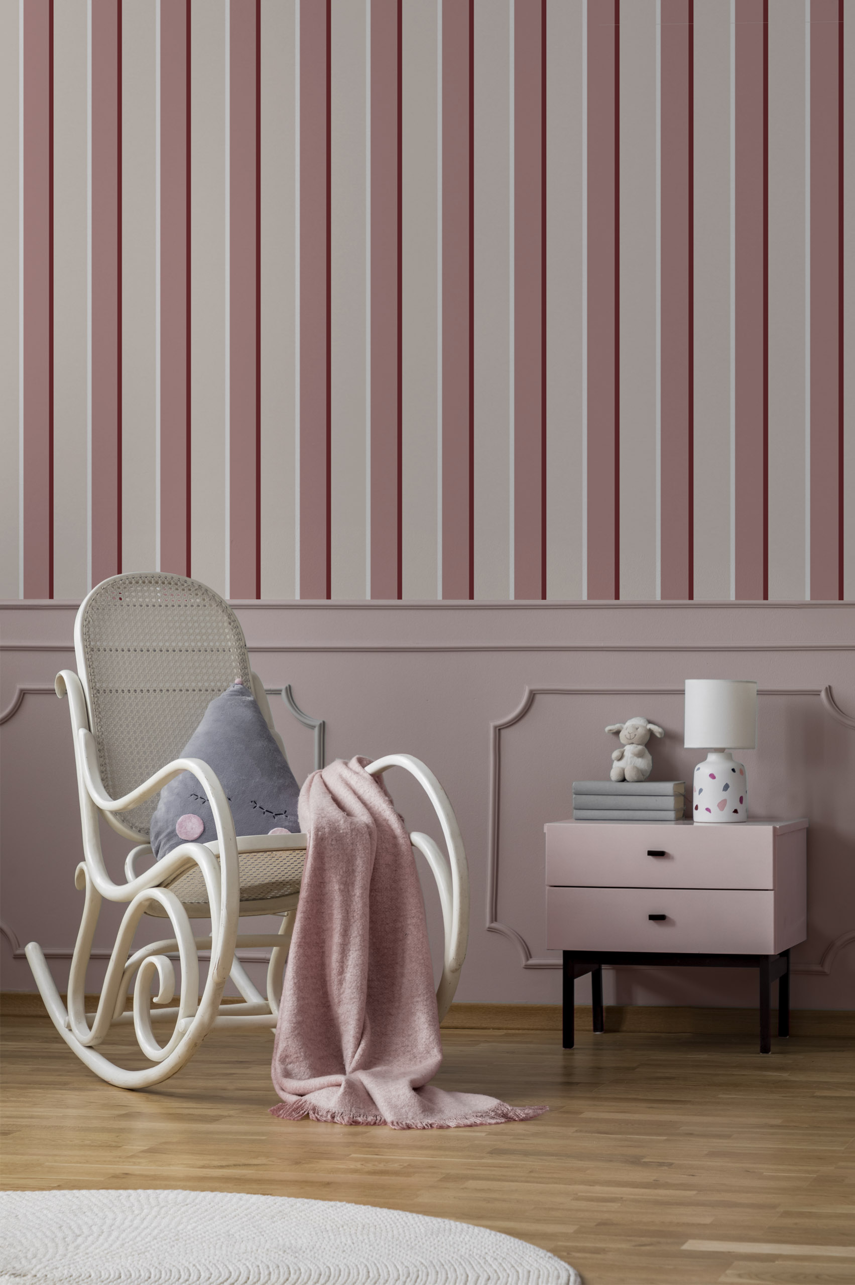 Two-tone pink striped wallpaper children's bedroom