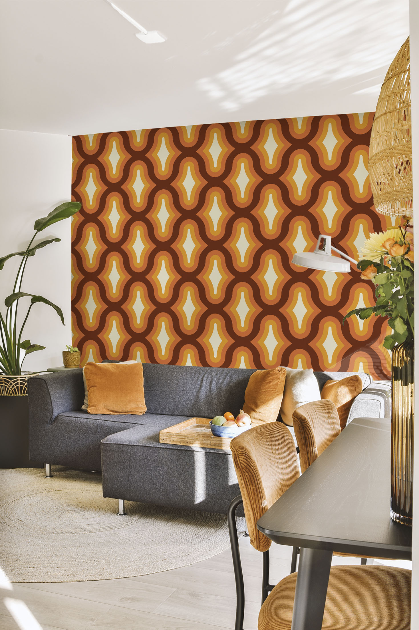 papier peint vibrations vintage orange salon