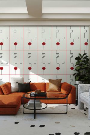 Papier peint géométrique labyrinthe urbain rouge salon