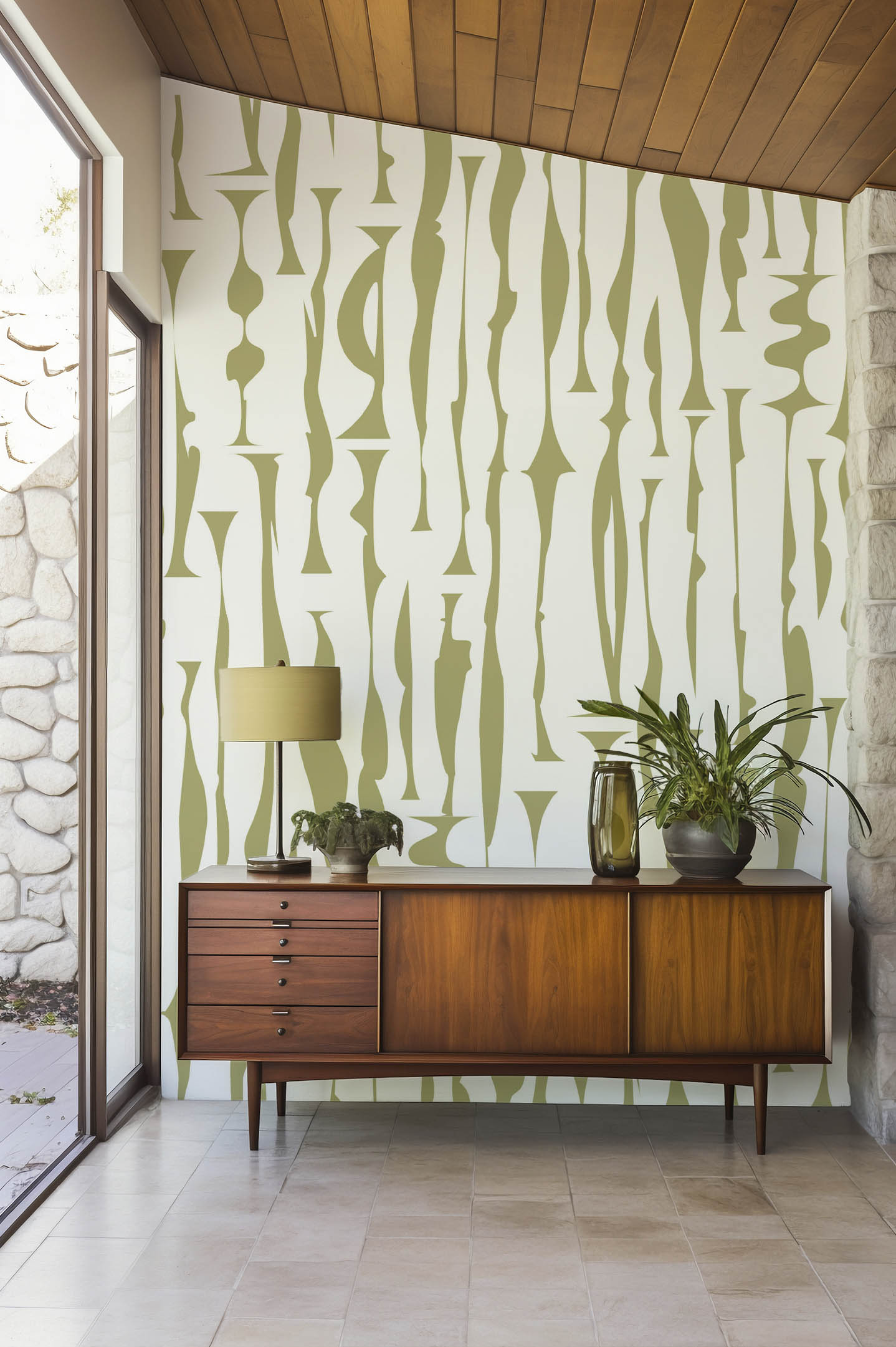 alumno1 green salonnn Contemporary totem wallpaper living room green