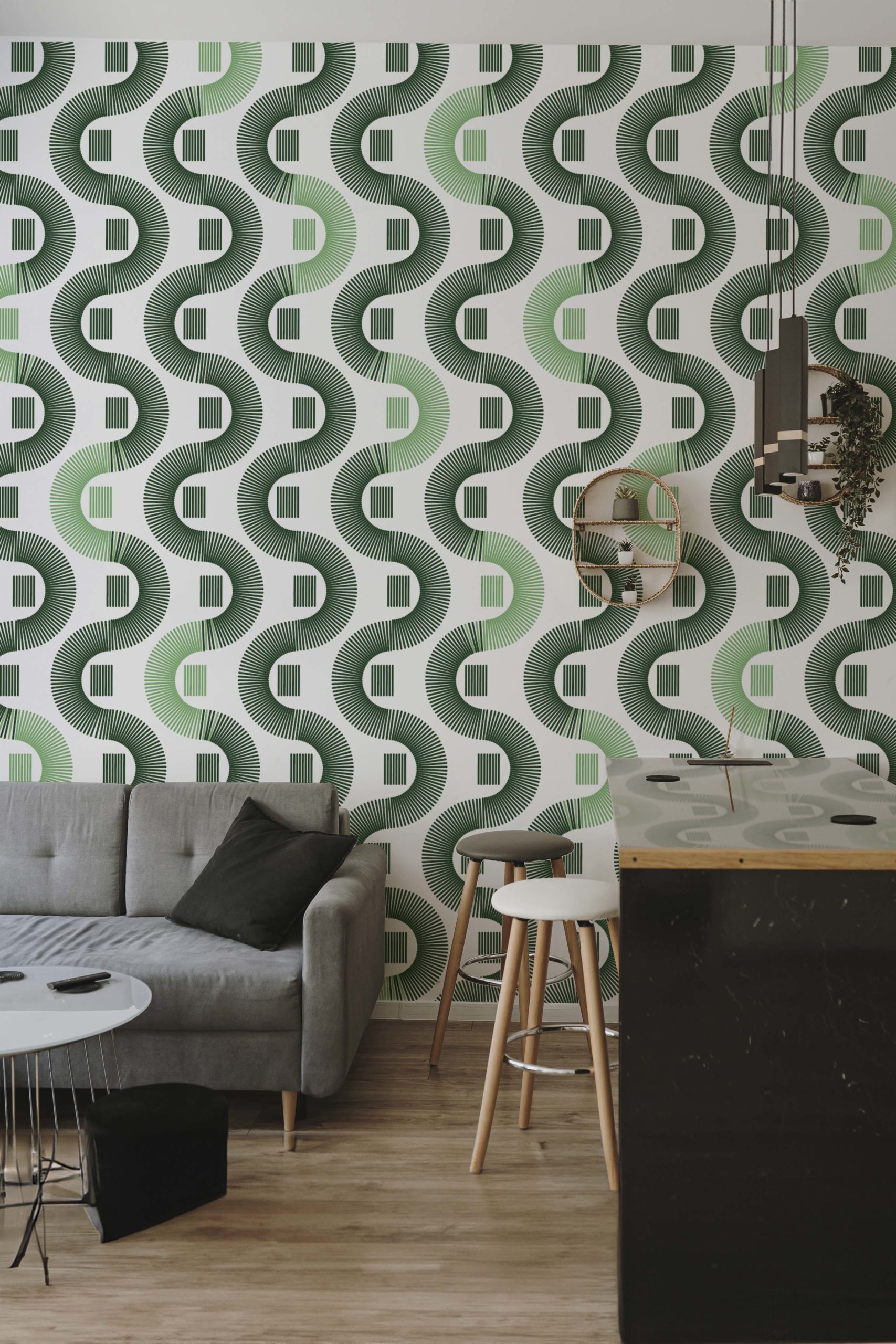 Living Room Green Gradient Living room green illusion wave wallpaper