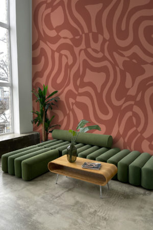 Groovy terracotta living room waves wallpaper